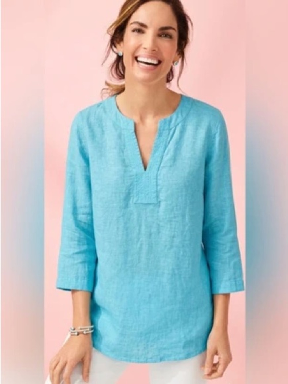 Chico's Blue Split-Neck Linen Tunic Top